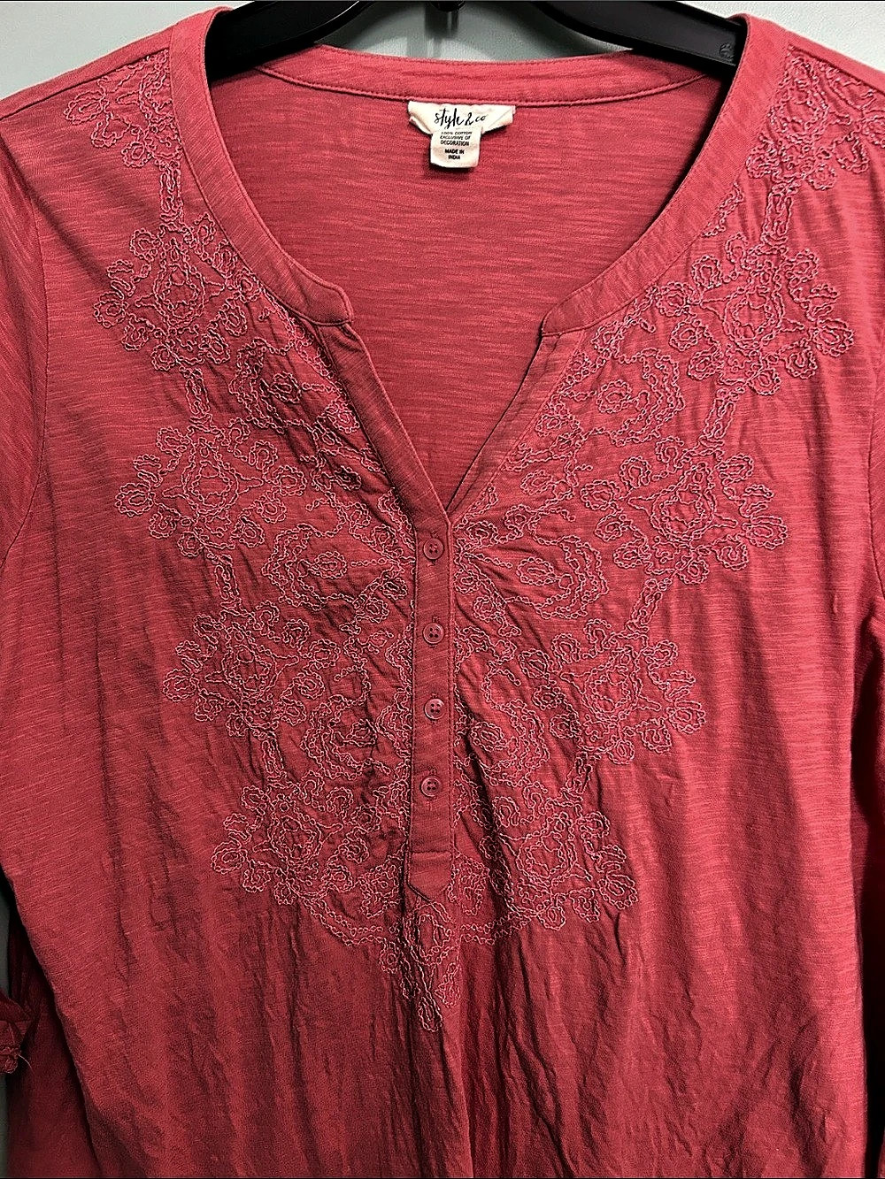 Style & Co Embroidered Tunic in Dark Coral